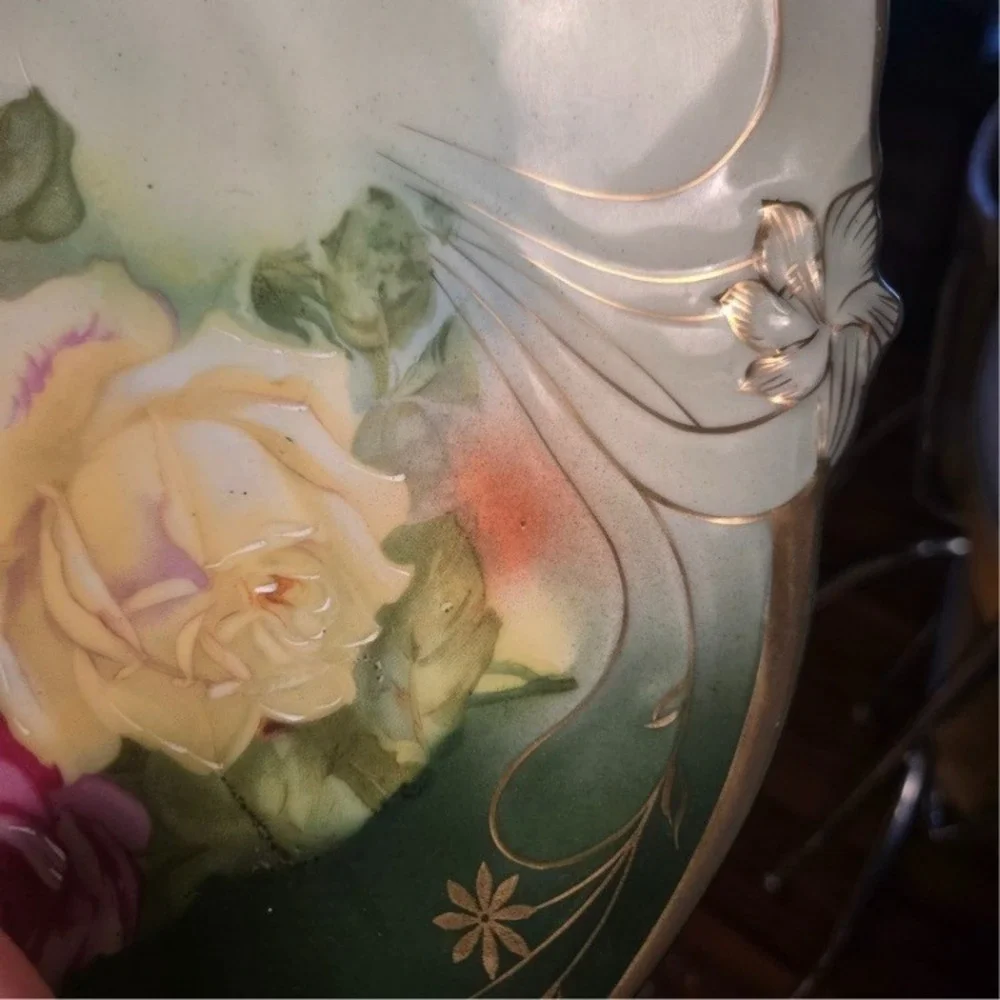 Antique Bavaria JPSV Serving Bowl Green w/ Roses‎ 10